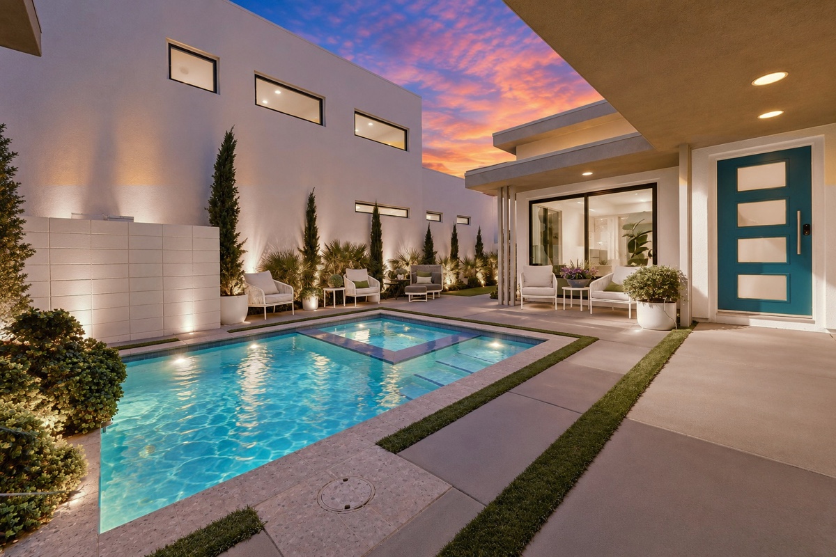 Twilight courtyard and private pool at 141 Blue Moon Drive
