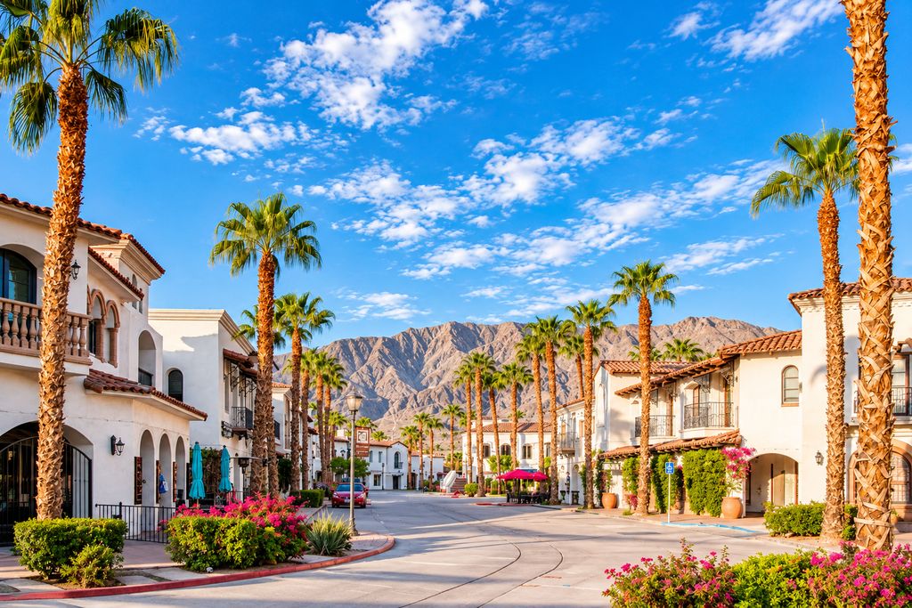 Palm-lined street with white buildings and a mountain backdrop