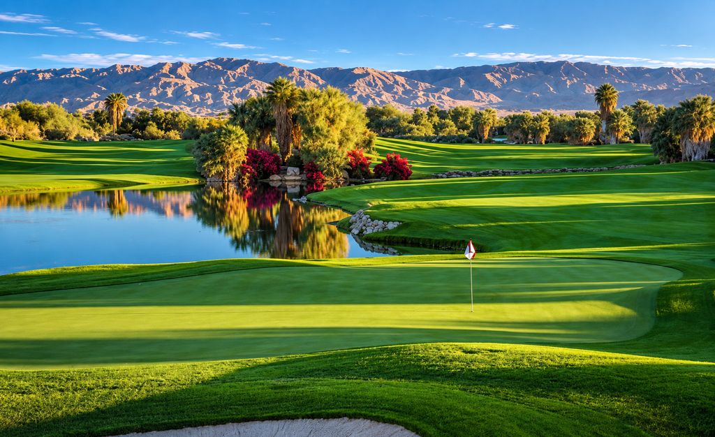 Golf landscape with water, palms and a mountain backdrop