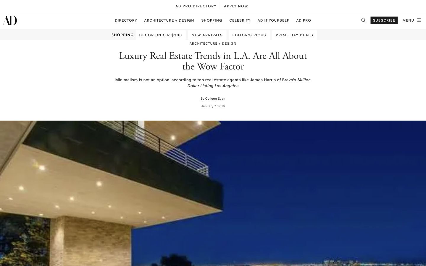Actual Architectural Digest article header and published headline