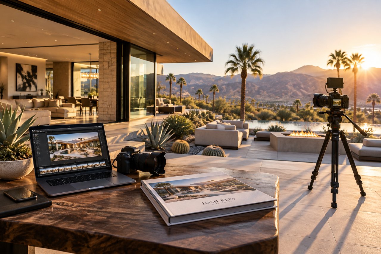 Editorial visualization of camera equipment, an editing laptop, and a Josh Reef portfolio beside desert architecture and mountains